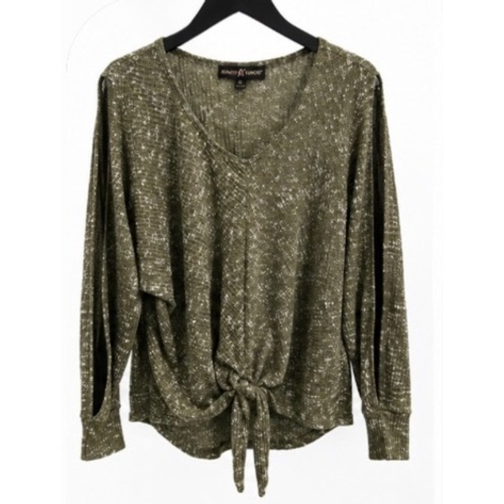 Almost Famous Womens Olive Green Cold Shoulder Front Tie V-Neck Top Large NWT
